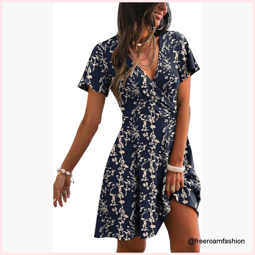 Wrap V-Neck A-Line Dress with Ruffle Sleeves, Summer Casual Sundress